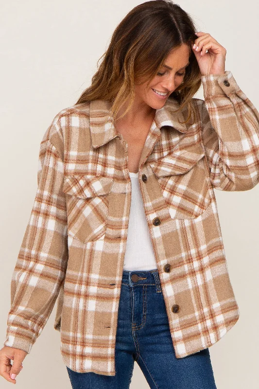 Low Cost Light Mocha Plaid Front Pocket Shacket
