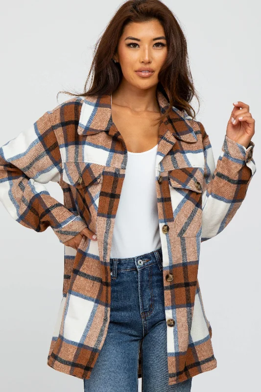 Weekend Deals That Impress Mocha Plaid Button Down Maternity Over Shirt