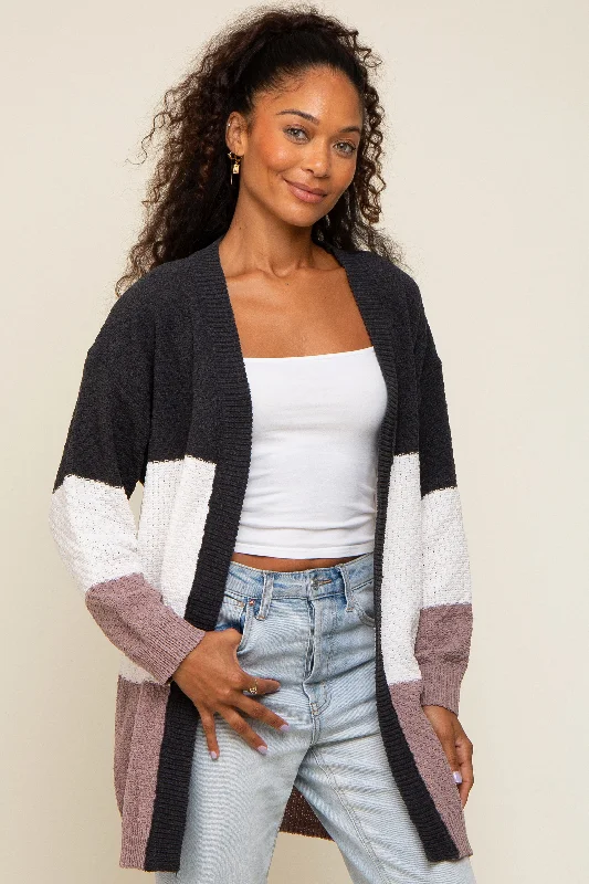 Year-End Clearance Charcoal Color Blocked Soft Knit Cardigan