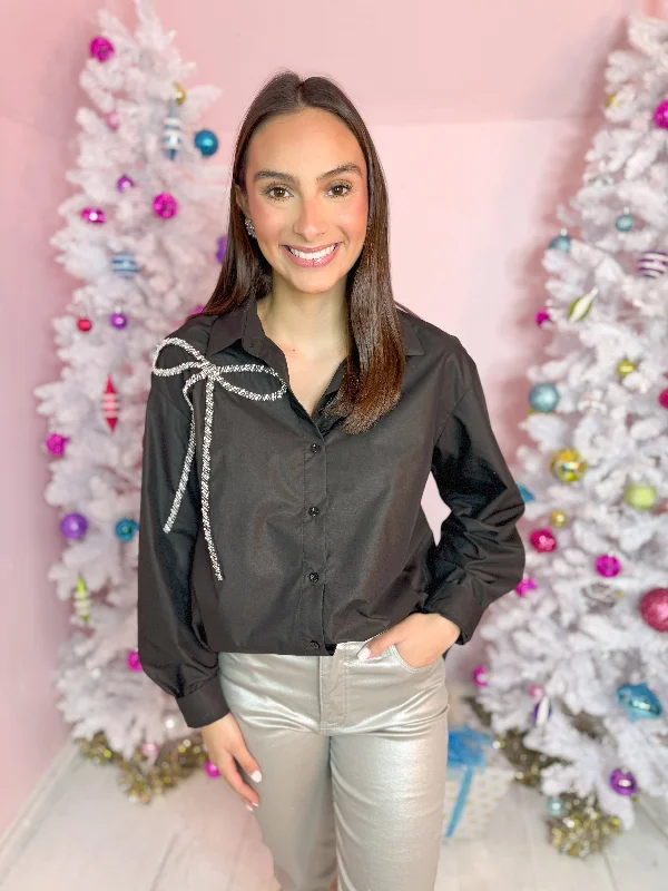 Weekend Bargains to Indulge In The Jenny Rhinestone Bow Button Down Top-Black