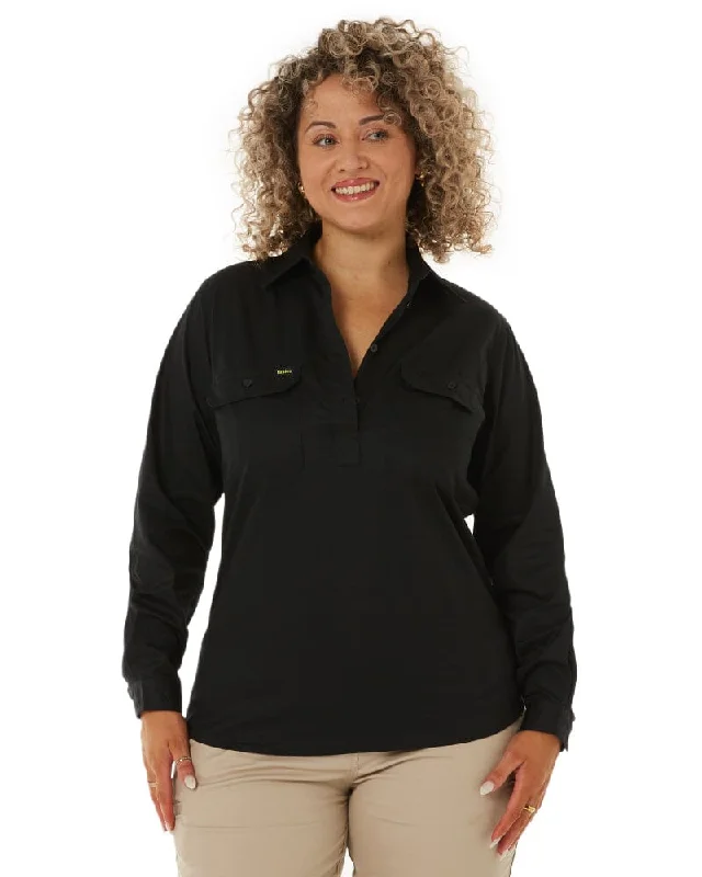 Weekend Specials to Delight Womens Closed Front Lightweight LS Drill Shirt - Black