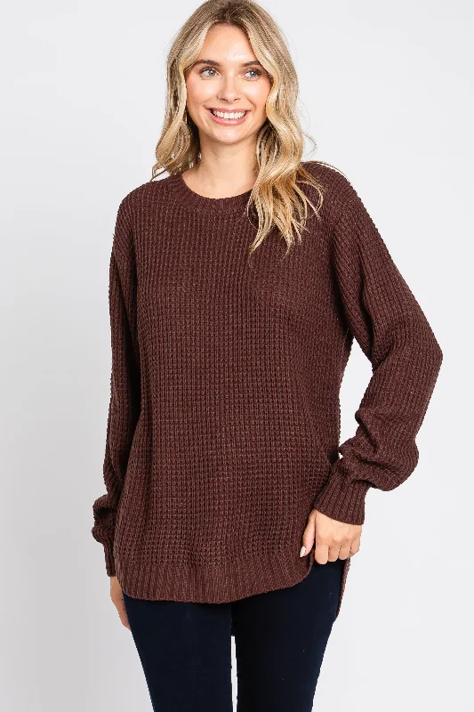 Massive Savings Brown Waffle Knit Round Hem Sweater