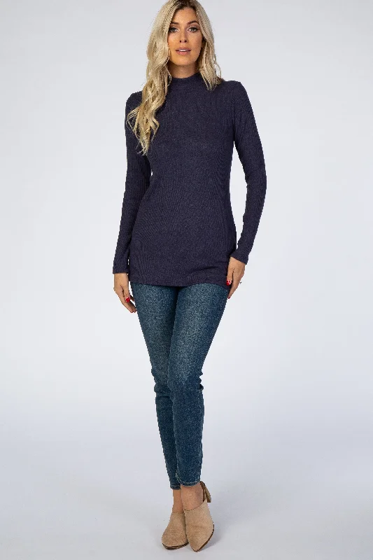 Weekend Specials to Love Navy Blue Ribbed Long Sleeve Mock Neck Top