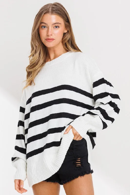 Weekend Offers That Delight Ivory Striped Oversized Side Slit Sweater