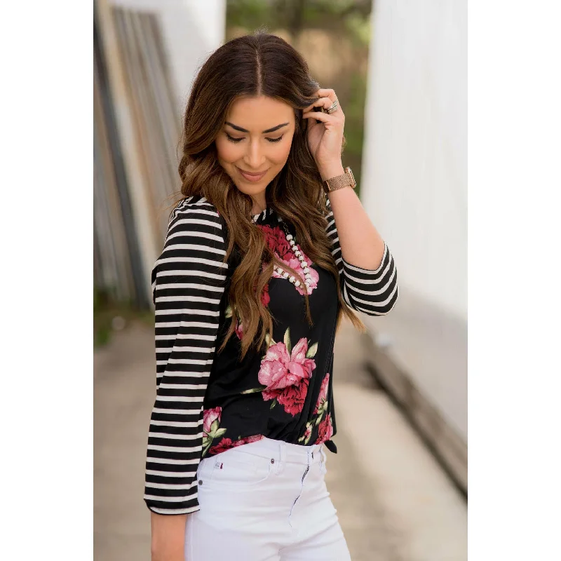 Weekend Savings Sensation Black Striped Sleeved Baseball Tee