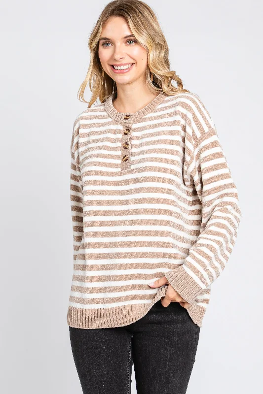 Bargain Alert Mocha Striped Chenille Henley Sweater
