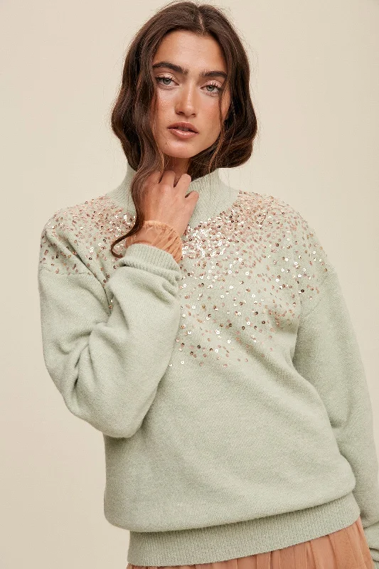Quick Deals Mint Sequin Knit Mock Neck Sweater