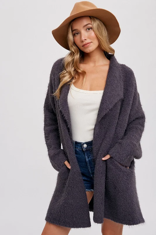 Now or Never Charcoal Fuzzy Knit Draped Cardigan