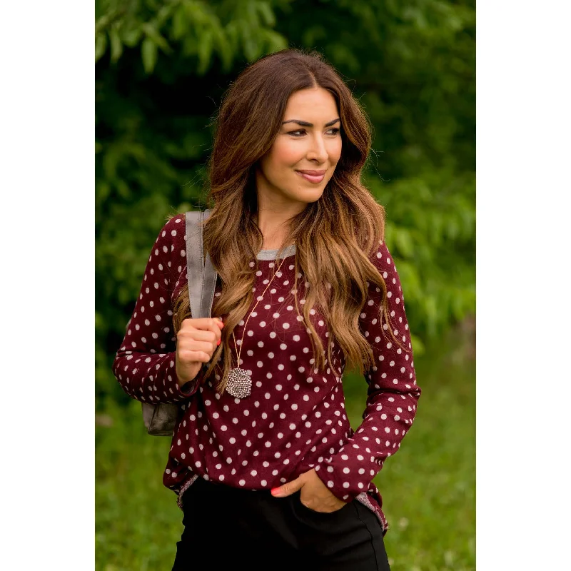 Unwind with Weekend Discounts Solid Trimmed Long Sleeve Polka Dot Tee