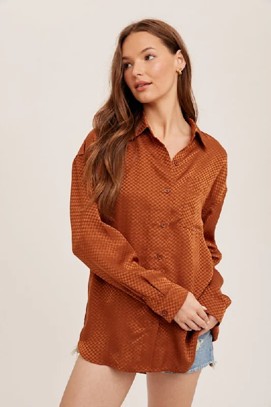 Massive Deal Rust Satin Checkered Print Blouse