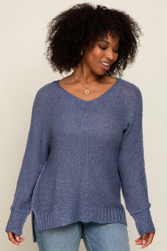 Weekend Wonders Await! Blue Chunky Knit Side Slit Sweater