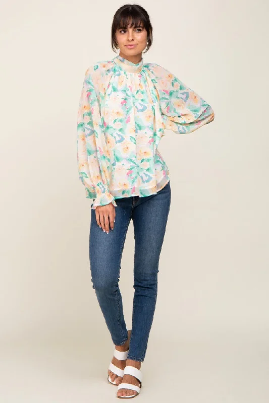 Weekend Savings Delight Green Floral Mock Neck Blouse