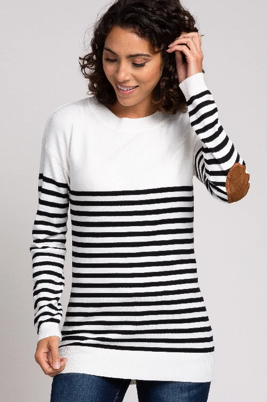 Weekend Discounts to Enjoy PinkBlush Ivory Striped Elbow Patch Knit Sweater