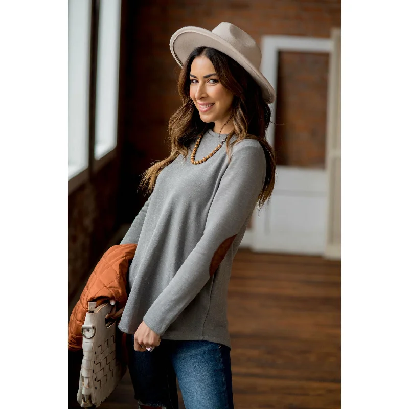 Year-End Sale Heathered Elbow Patch Long Sleeve Tee