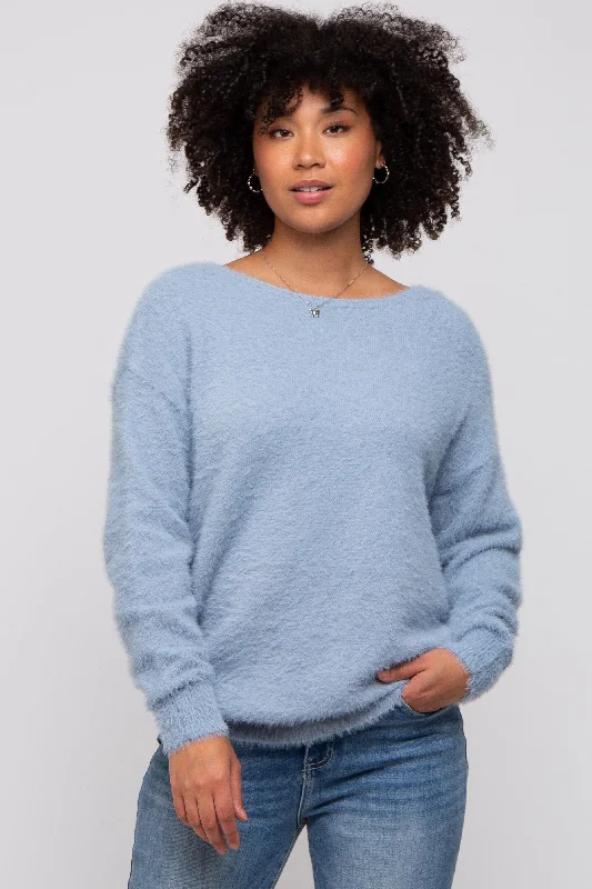 Weekend Savings Extravaganza Blue Fuzzy Knit Boat Neck Sweater
