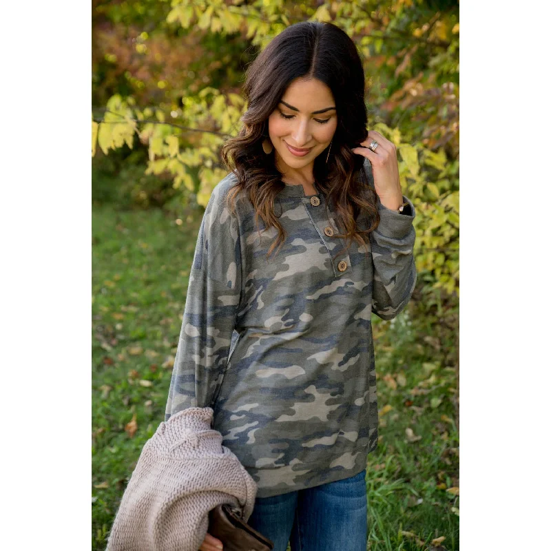 Pay Less Camo Triple Button Top Long Sleeve Tee