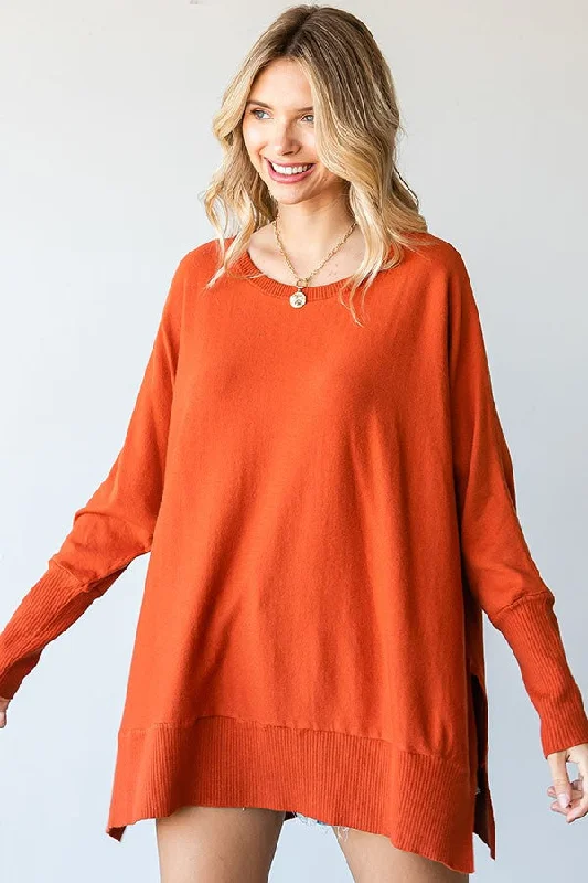 Lowest Price Orange Dolman Sleeve Side Slit Sweater