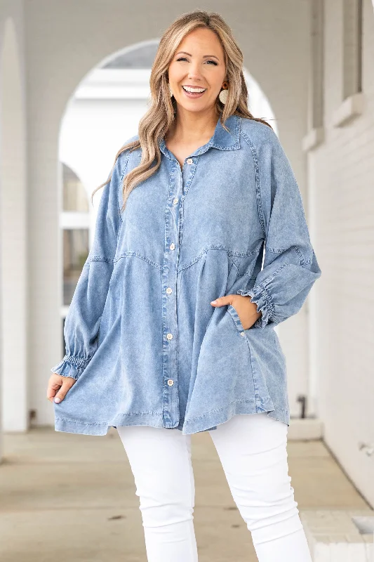 Now Available Chambray Chic Top, Acid Wash