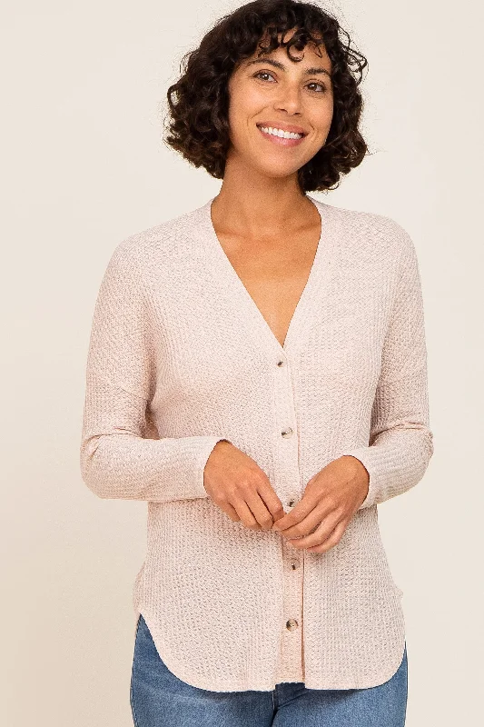 Mega Sale Beige Waffle Knit Button Down Top