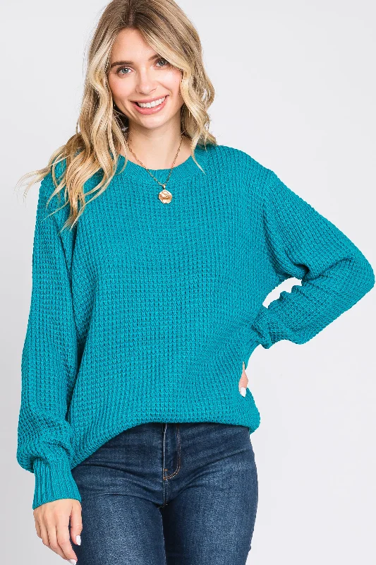 Today's Deal Teal Waffle Knit Round Hem Sweater