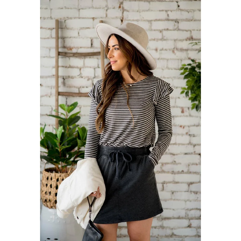 Stock Clearance Striped Double Flutter Shoulder Tee
