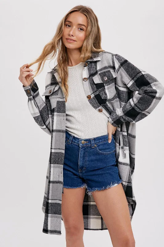 Today Only Black Plaid Fleece Long Shirt Jacket