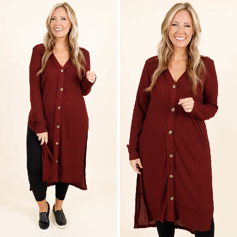 Your Weekend, Your Savings Long Way From You Cardigan, Dark Burgundy