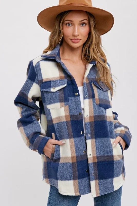 Unbeatable Prices Navy Plaid Fleece Shirt Jacket