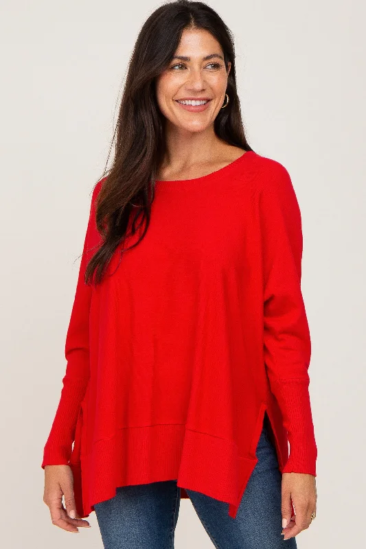 While Supplies Last Red Dolman Sleeve Side Slit Sweater