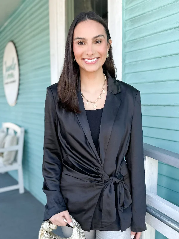 Mega Discount The Celine Satin Side Tie Blazer-Black