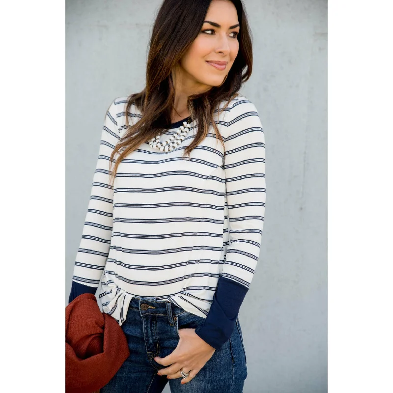 Final Offer Solid Trimmed Dual Striped Long Sleeve Tee
