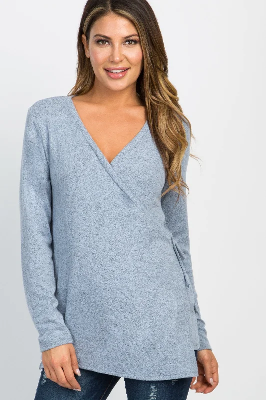 Discount Mania PinkBlush Light Blue Heathered Knit Wrap Tie Nursing Top
