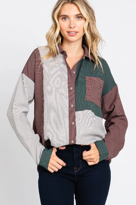 Weekend Bargains to Celebrate Multi-Color Striped Color Blocked Button-Down Top