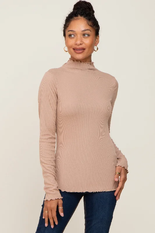 Weekend Offers That Shine Taupe Ribbed Mock Neck Lettuce Trim Long Sleeve Top