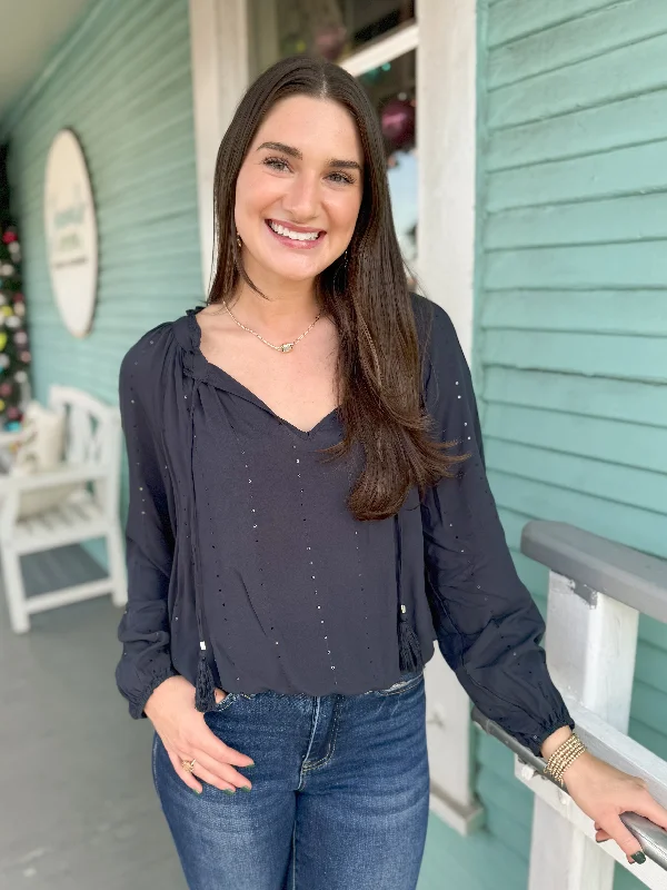 Overstock Clearance The Yolanda Long Sleeve Sequin Tops-Navy