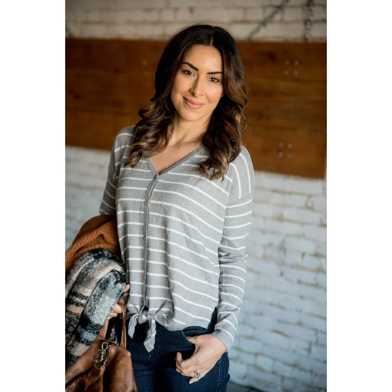 Weekend Savings Bonanza Striped Button Tie Front Long Sleeve Tee