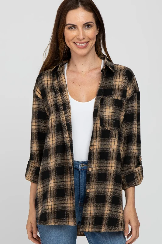 Weekend Shopping Extravaganza Taupe Black Plaid Button Down Top