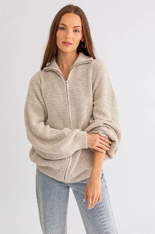 Weekend Savings Bonanza Taupe Oversized Zip Up Cardigan