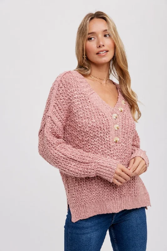 Shop and Save Mauve Chunky Knit Button V-Neck Sweater