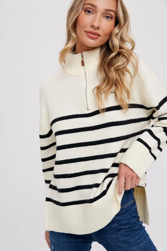 Early Bird Ivory Striped Half Zip Sweater