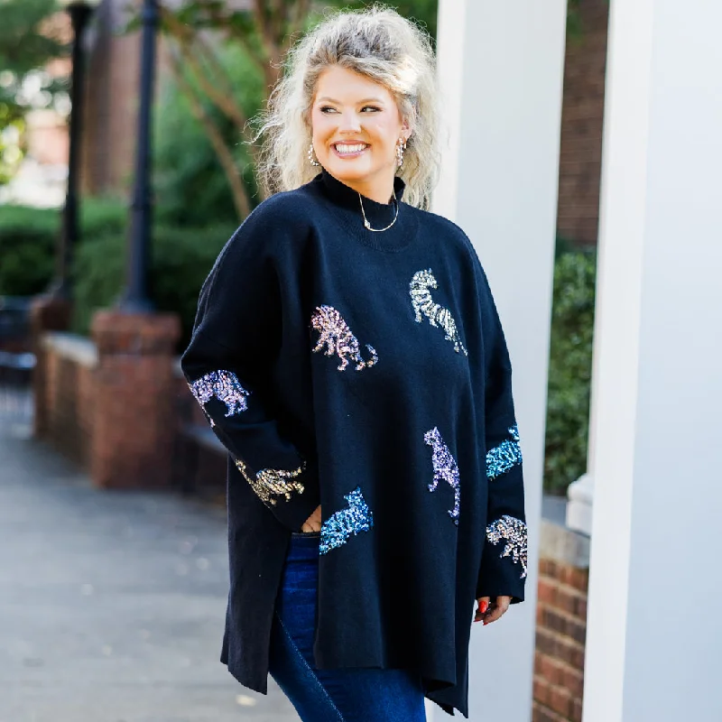 Can't Beat Mother Of The Jungle Sweater, Black Sequin