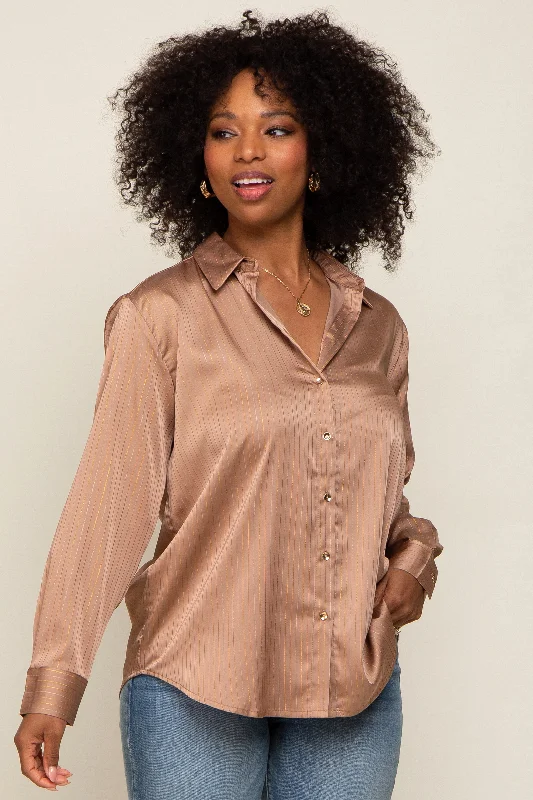 Sale Event Camel Metallic Stripe Satin Long Sleeve Blouse
