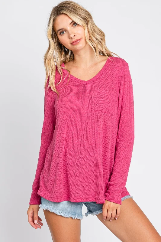 Big Deal Fuchsia Ribbed Knit Long Sleeve Top