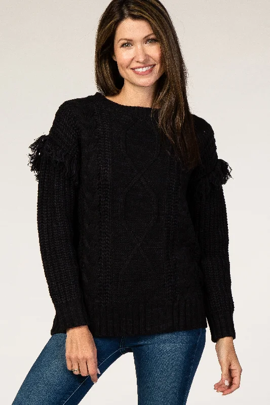 Weekend Deals That Excite Black Cable Knit Fringe Sleeve Sweater