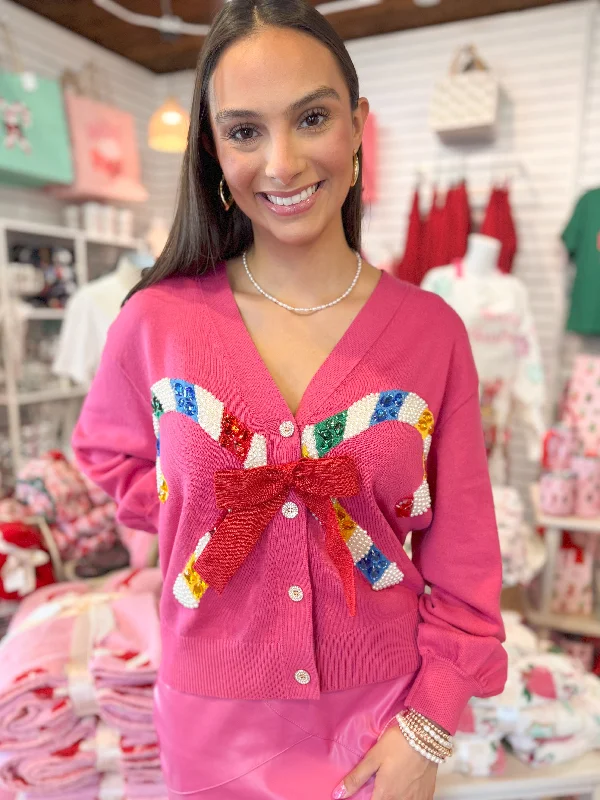 Weekend-Only Price Drops (Queen of Sparkles) Candy Cane Cardigan-Pink