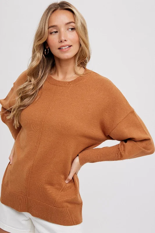 Weekend Offers That Sizzle Camel Rib Knit Exposed Seam Sweater