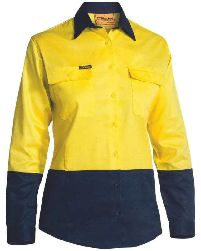 Weekend Discounts to Delight Womens Hi Vis Long Sleeve Drill Shirt - Yellow/Navy