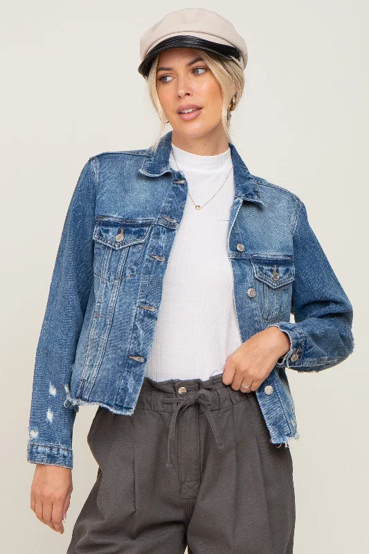 Amazing Value Navy Blue Distressed Cropped Denim Jacket