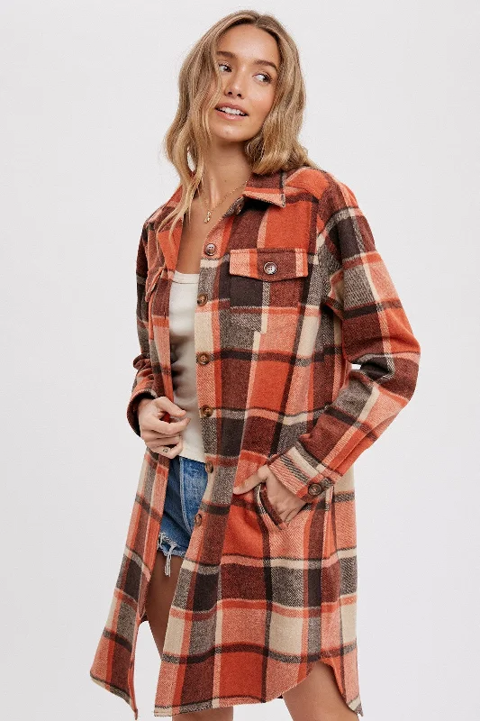 Discount Mania Rust Plaid Fleece Long Shirt Jacket