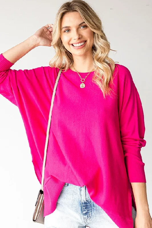 Instant Deal Fuchsia Dolman Sleeve Side Slit Sweater